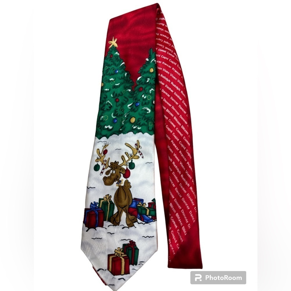 Zylos Gold George Machado Silk Christmas Themed Reindeer Presents Tree Tie NWT